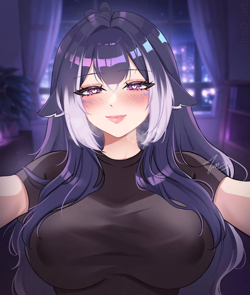 个人势虚拟主播、Shylily 1名女孩 呆毛 黑发 模糊 模糊背景