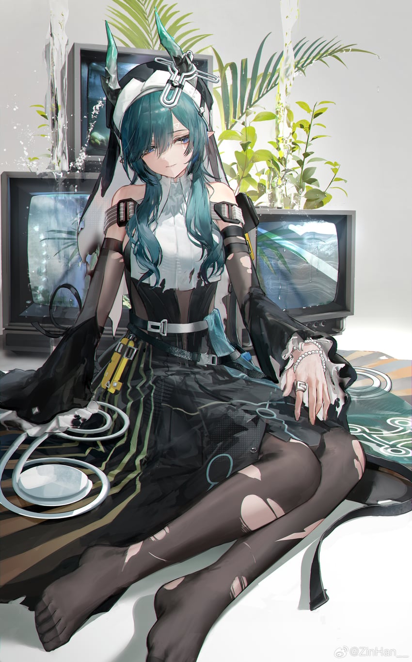 明日方舟、明日方舟：终末地、塞赫 (明日方舟) 1名女孩 水色发 露肩 黑色连衣裙 黑色连裤袜