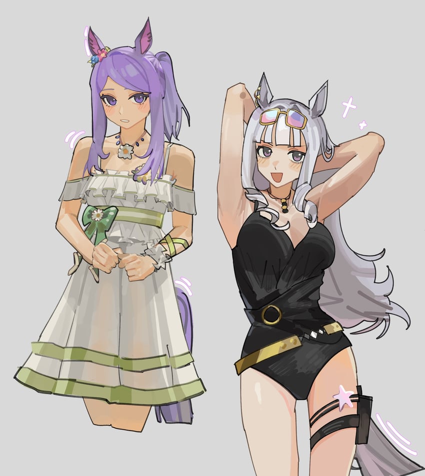 赛马娘、黄金船 (黄金之梦) (赛马娘)、黄金船 (赛马娘) 2名女孩 :D 兽耳 双手抱头 举起双手
