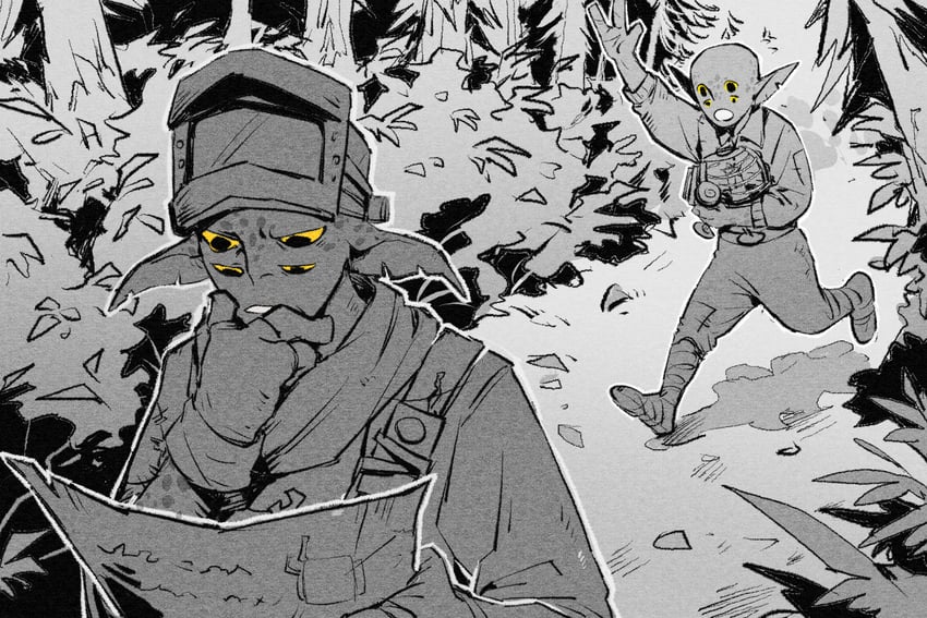 星际拓荒、雏鸟 (星际拓荒)、slate (outer wilds) 其他两人 外星人 中性 举手 灌木