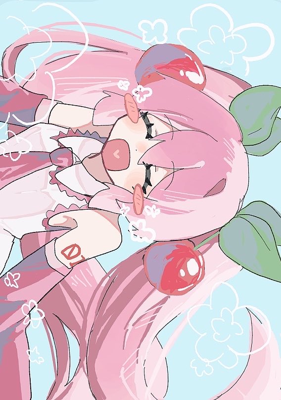 VOCALOID、初音未来、樱花未来 1名女孩 微笑 腋下 蓝色背景 腮红贴纸