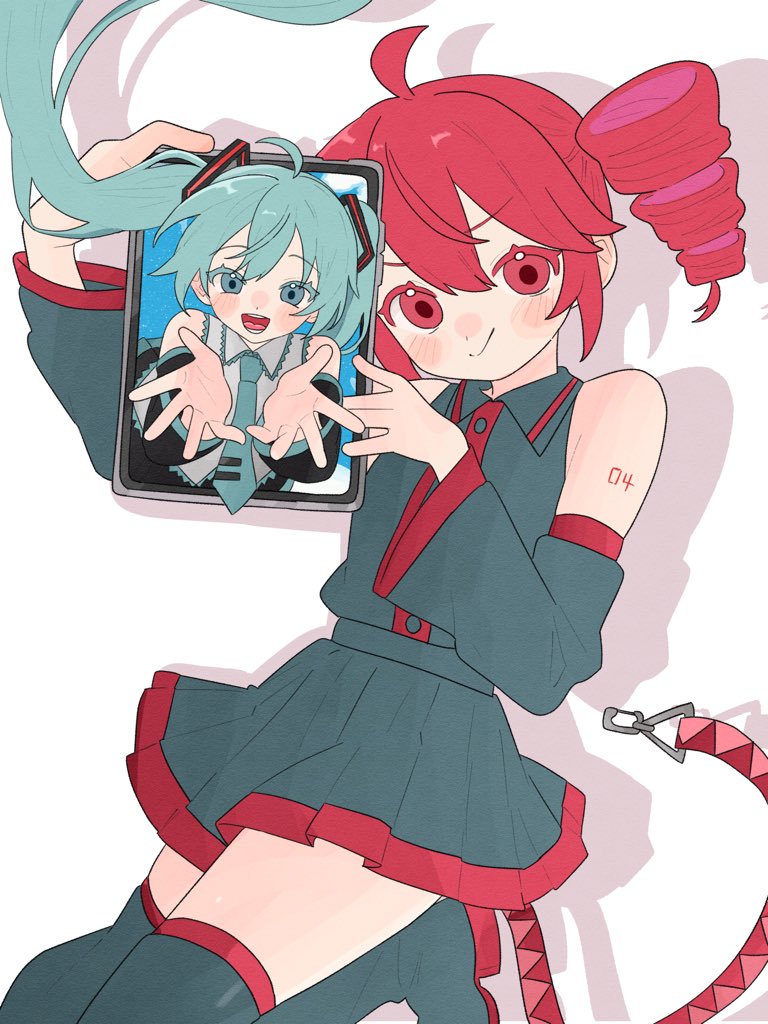 UTAU、VOCALOID、初音未来 2名女孩 水色发 水蓝色领带 靴子 露肩袖