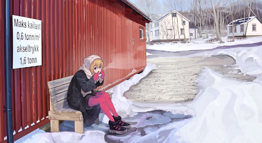 原创 1名女孩 枯树 长椅 黑色大衣 黑鞋