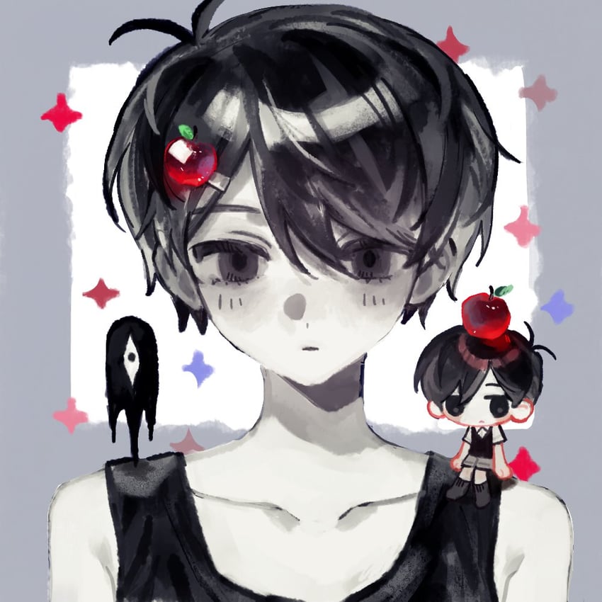 OMORI、Omori (OMORI)、Something (Omori) 2个男孩 呆毛 头顶苹果 黑瞳 黑发