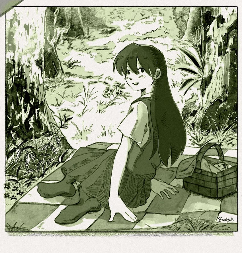 OMORI、Mari (Omori)、Mari (Omori) 1名女孩 脸红 方格毛毯 有领衬衫 绿色主题