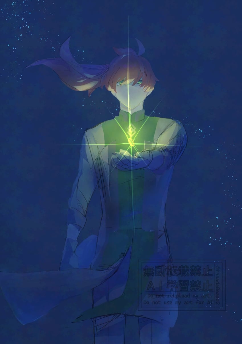 Fate/Grand Order、Fate系列、罗曼尼·阿基曼 1名男孩 呆毛 手臂放在侧边 迦勒底标志 牛仔镜头
