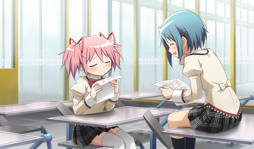 魔法少女小圆、魔法少女小圆、魔法少女小圆 Magia Exedra 2名女孩 微笑 后背蝴蝶结 黑色裙子 黑袜