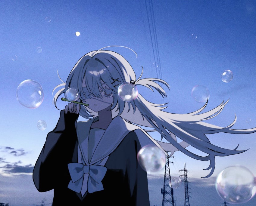 二次元插画 1名女孩 黑色水手服 蓝天 气泡 眼罩