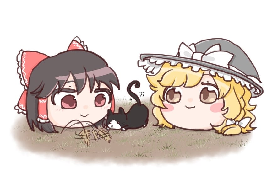 东方Project、博丽灵梦、雾雨魔理沙 2名女孩 黑猫 金发 腮红贴纸 蝴蝶结