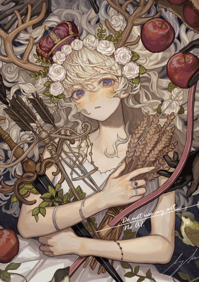绘师100人展、原创 1名女孩 鹿角 苹果 箭 天平