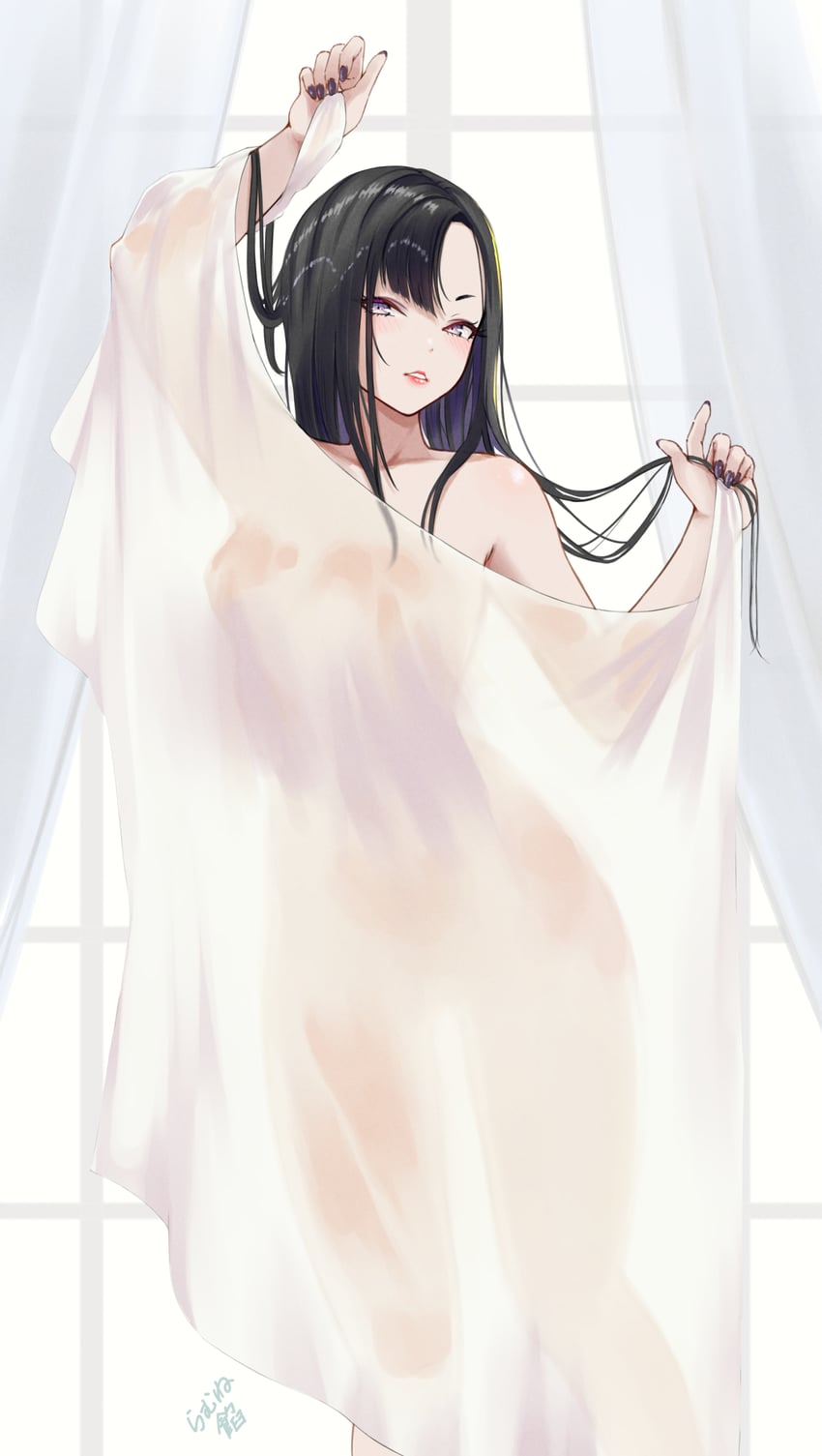 胜利女神：妮姬、恩华 (胜利女神：妮姬) 1名女孩 帘后 黑发 黑色指甲 乳房
