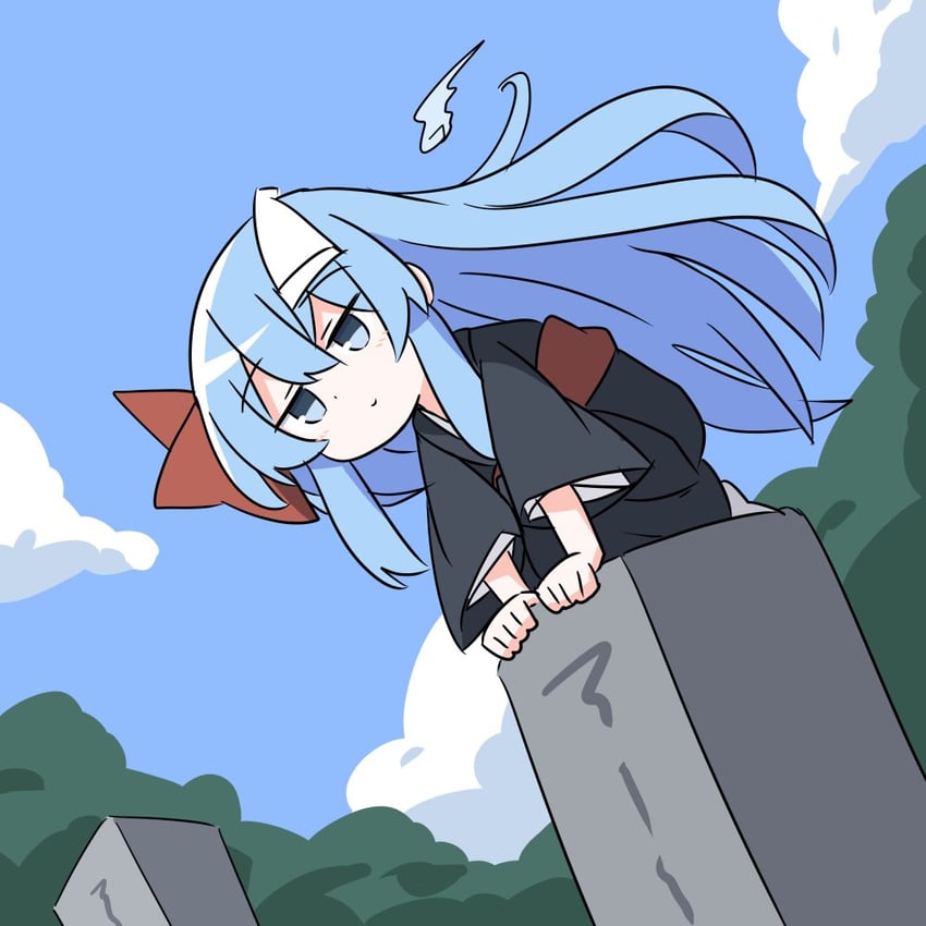 原创、野暗 (赤渔群) 1名女孩 黑色和服 蓝眼 蓝发 蓝天