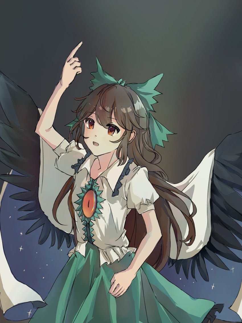 东方Project、灵乌路空 1名女孩 鸟翼 黑色翅膀 蝴蝶结 棕发