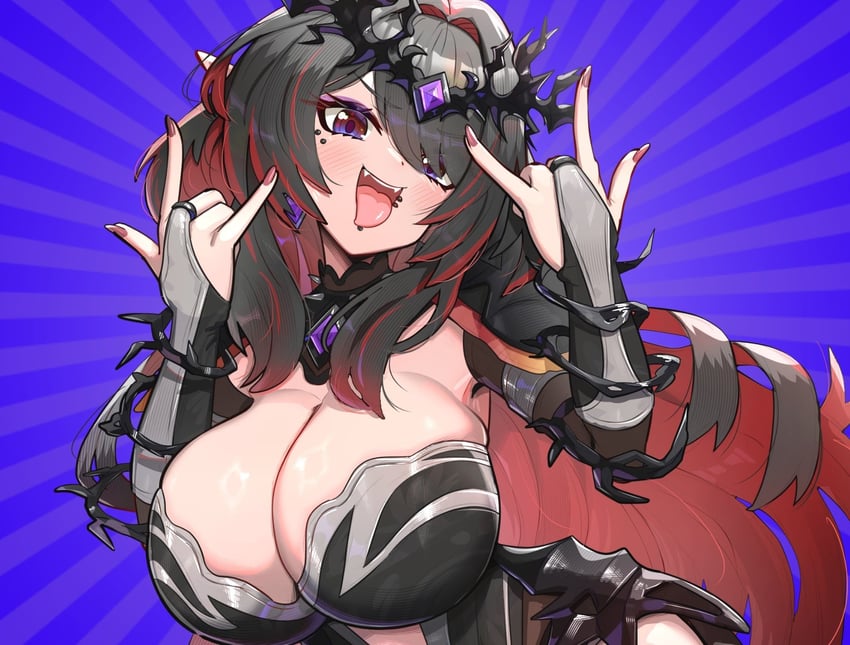 个人势虚拟主播、elara (vtuber) 1名女孩 黑发 脸红 乳房 乳沟