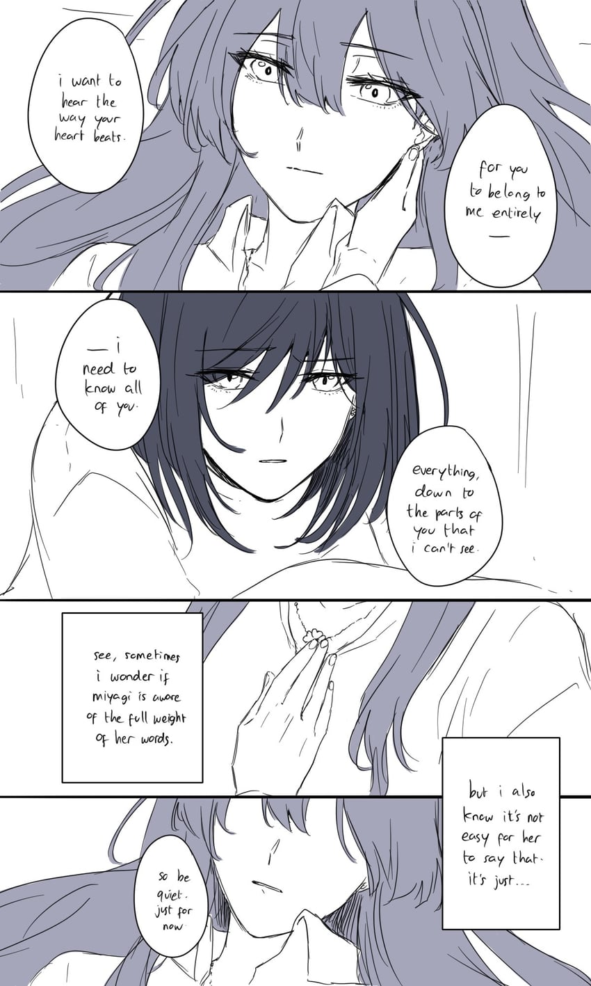 关于每周买下同学一次的事、宫城诗织、千代田叶月 2名女孩 有领衬衫 漫画 英文文本 灰度