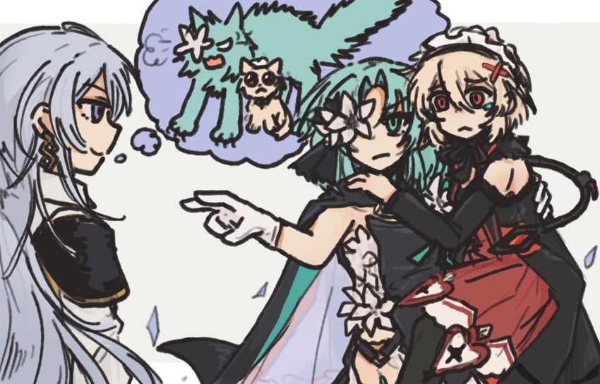 韵律源点 Arcaea、Insight (Arcaea)、沙耶 (Arcaea) 3人女子 水色发 露肩 黑色披肩 黑色连衣裙