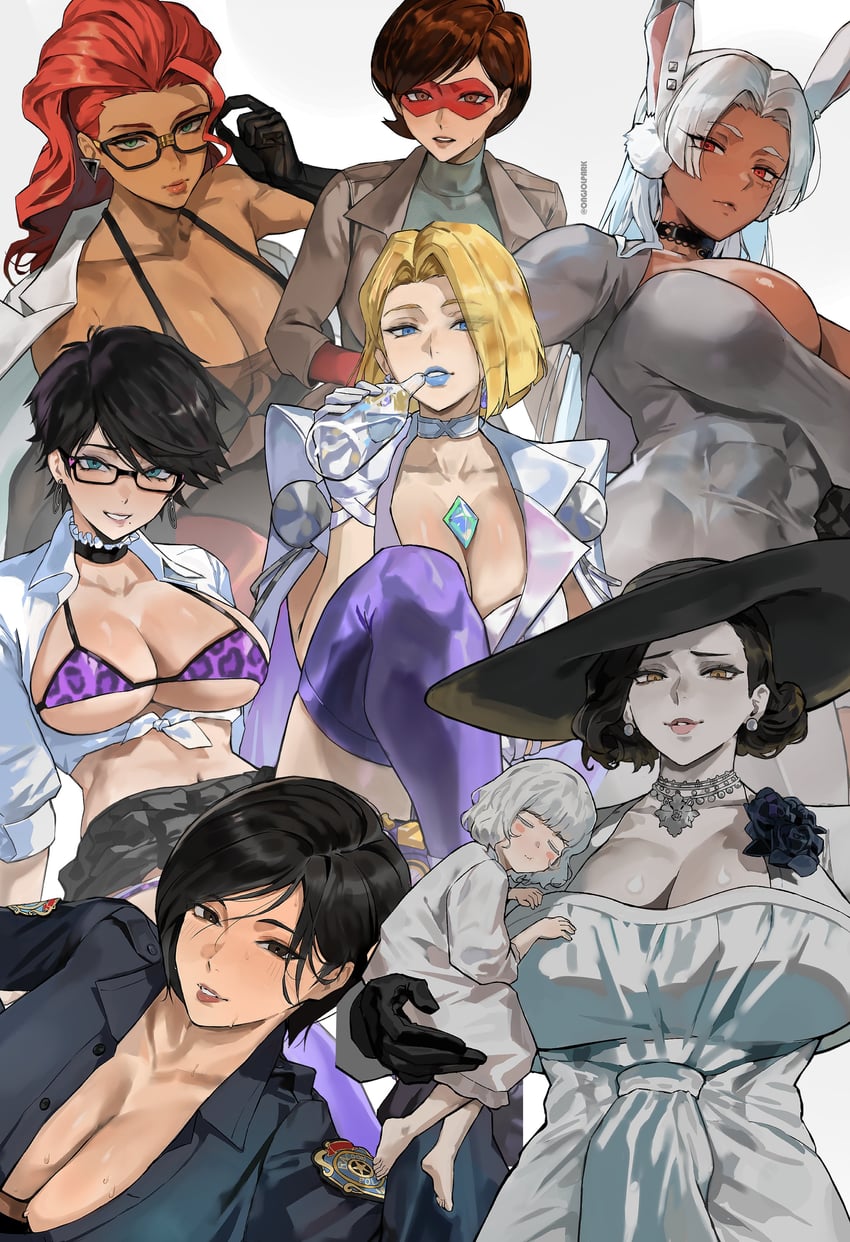 猎天使魔女系列、猎天使魔女2、我的英雄学院 6个以上女孩 调整眼镜 动物花纹 露肩 黑色手套