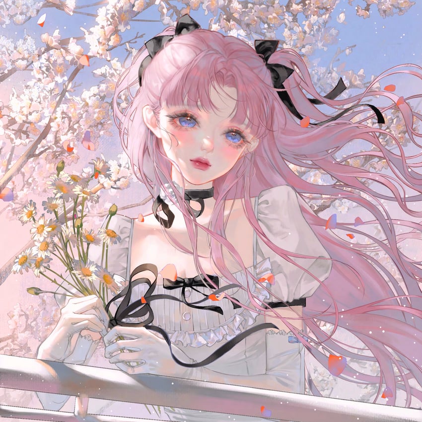 原创 1名女孩 露肩 黑色项圈 黑色丝带 蓝眼