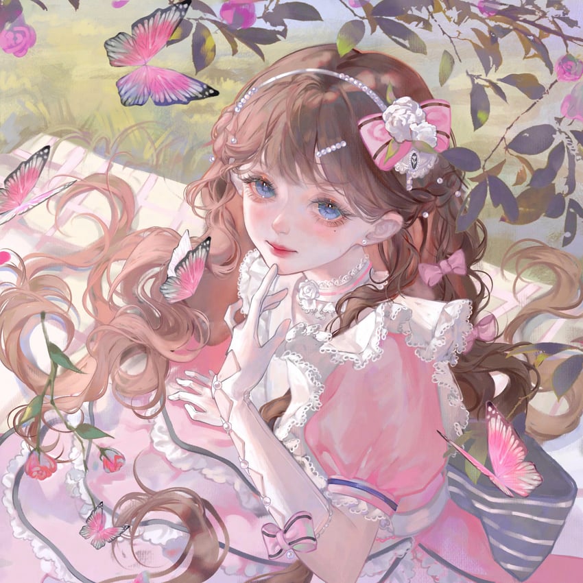 原创 1名女孩 毯子 蓝眼 蝴蝶结 棕发