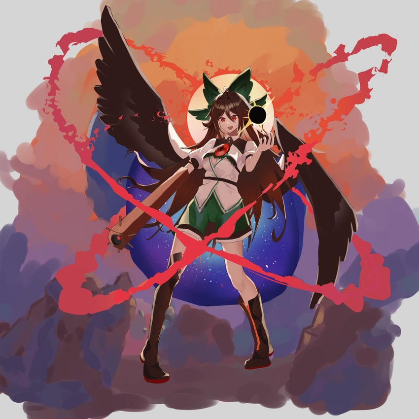 东方Project、东方幻想日蚀、灵乌路空 1名女孩 改装服装 手臂炮 不对称鞋履 不对称腿部穿着