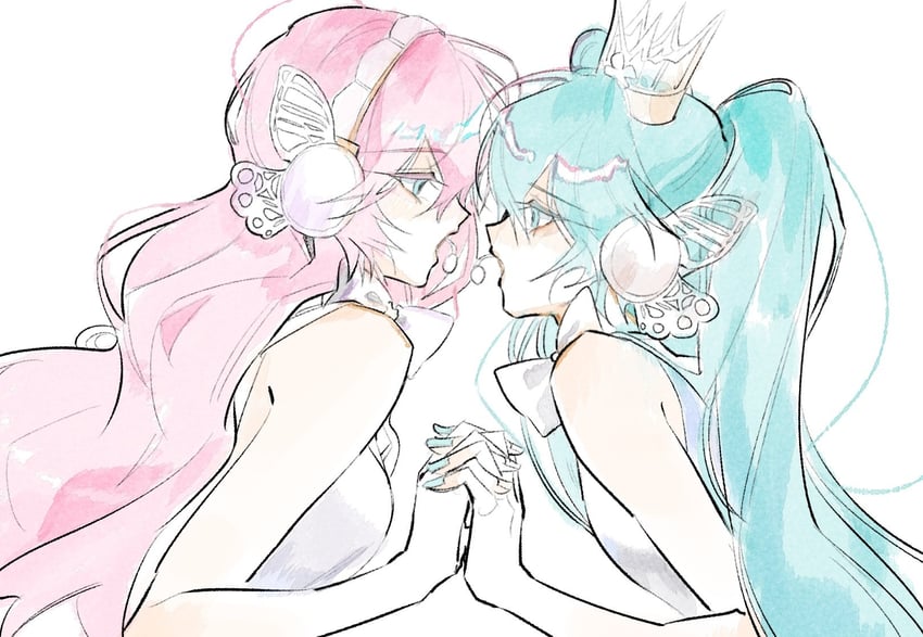 Magnet (Vocaloid)、VOCALOID、初音未来 2名女孩 水色瞳 水色发 蝴蝶翅膀 彩色睫毛
