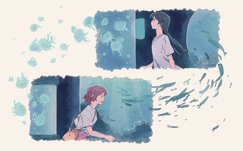 少女☆歌剧 Revue Starlight、爱城华恋、神乐光 2名女孩 两格漫画 呆滞脸 水族馆 包
