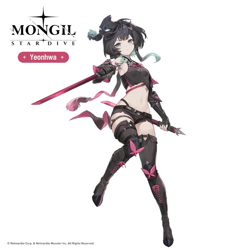怪物驯服者：星潜、yeonhwa (mongil: star dive) 1名女孩 水色瞳 水色发 露肩 黑色靴子