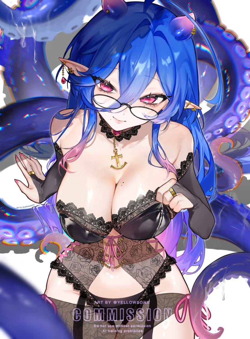 个人势虚拟主播、纳托米（VTuber） 1名女孩 呆毛 露肩 黑色文胸 黑色内裤