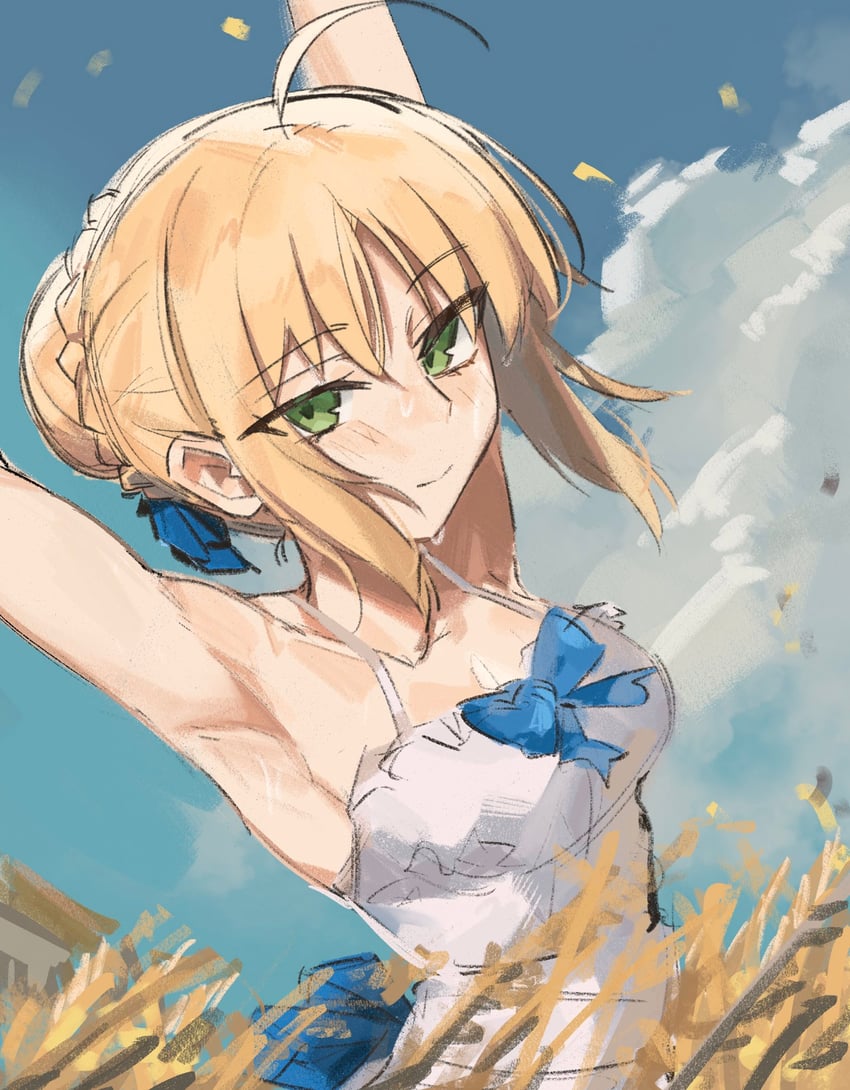Fate/stay night、Fate系列、阿尔托莉雅·潘德拉贡 (Fate) 1名女孩 呆毛 腋下 举起双手 裸臂