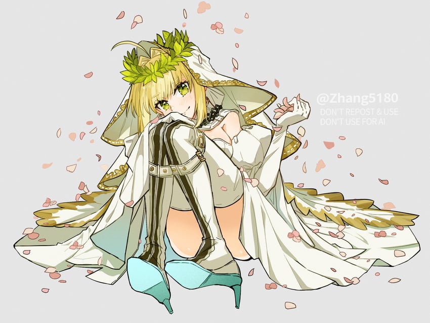 Fate/Grand Order、Fate系列、尼禄·克劳狄乌斯 (花嫁) (Fate) 1名女孩 呆毛 露肩 金发 脸红