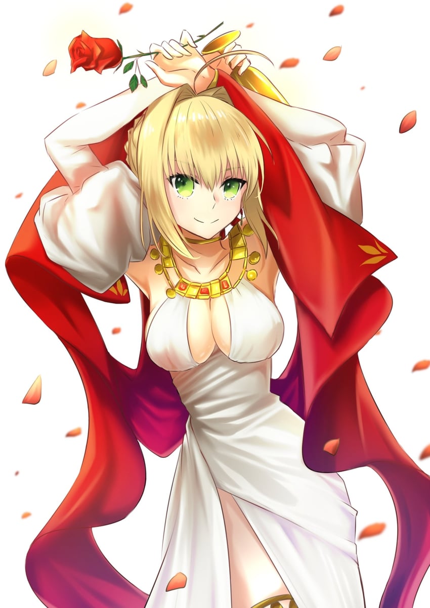 Fate/Grand Order、Fate系列、尼禄·克劳狄乌斯 (Fate) 1名女孩 呆毛 举起双手 露肩 金发