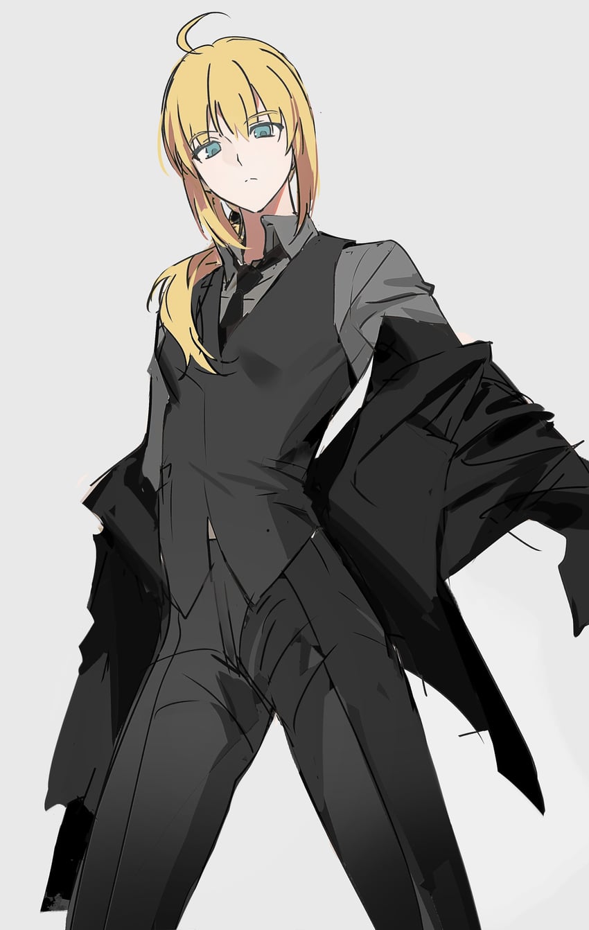 Fate/Zero、Fate系列、阿尔托莉雅·潘德拉贡 (Fate) 1名女孩 黑色领带 黑色西装 正装 绿眼