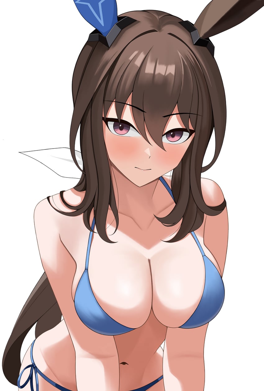 赛马娘、爱慕织姬 (赛马娘) 1名女孩 兽耳 比基尼 蓝色比基尼 脸红