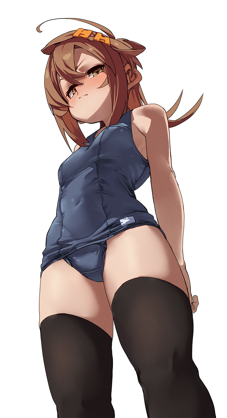 原创、宇佐美大河 1名女孩 呆毛 黑色过膝袜 蓝色连体泳衣 乳房