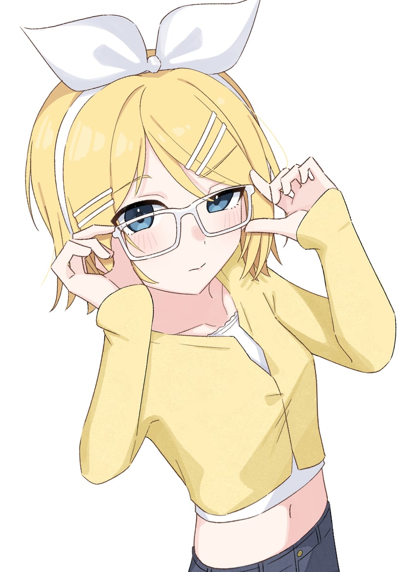 VOCALOID、镜音铃 1名女孩 调整眼镜 替换服装 戴眼镜的 黑裤子