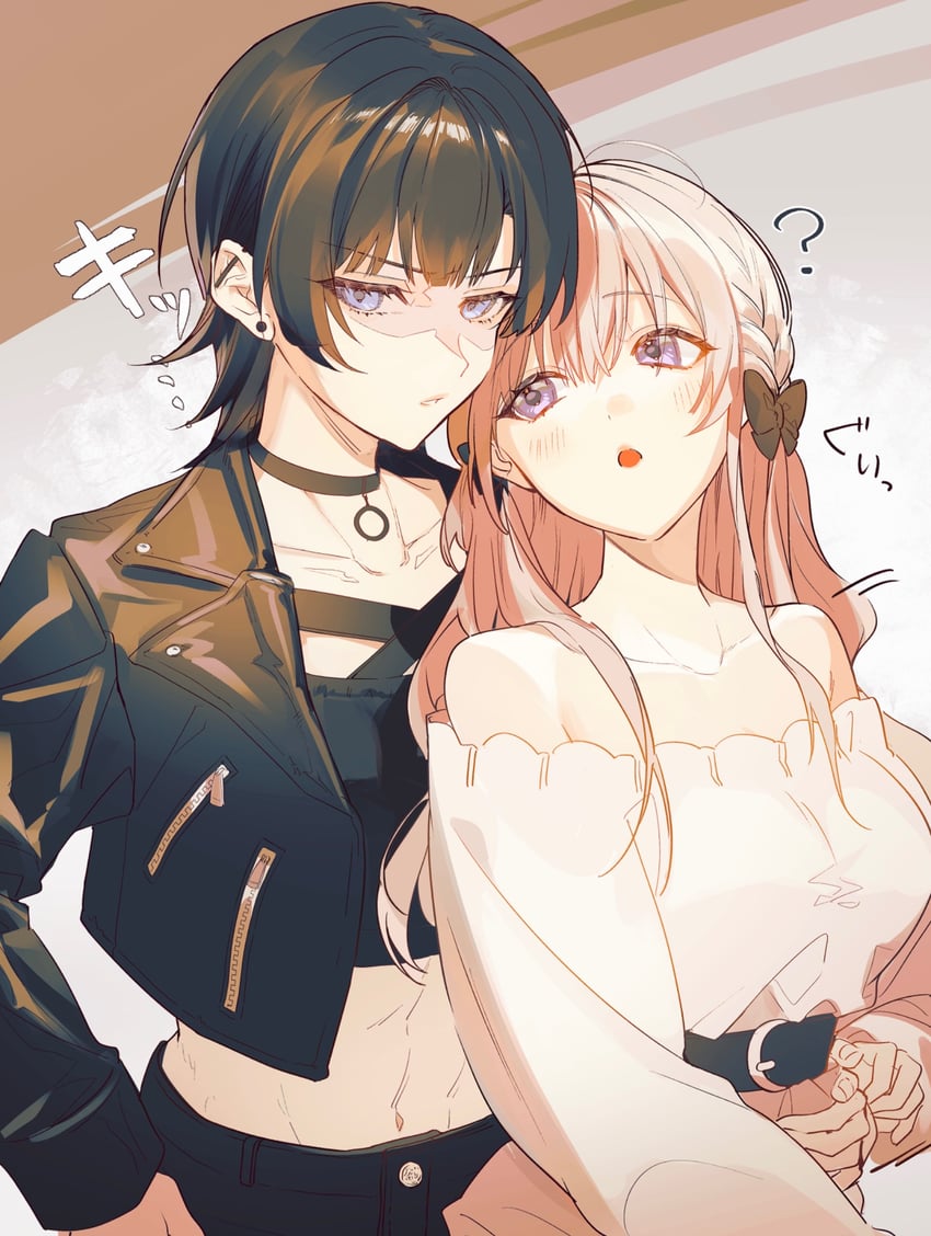 原创 2名女孩 问号 腹肌 露肩 黑色蝴蝶结