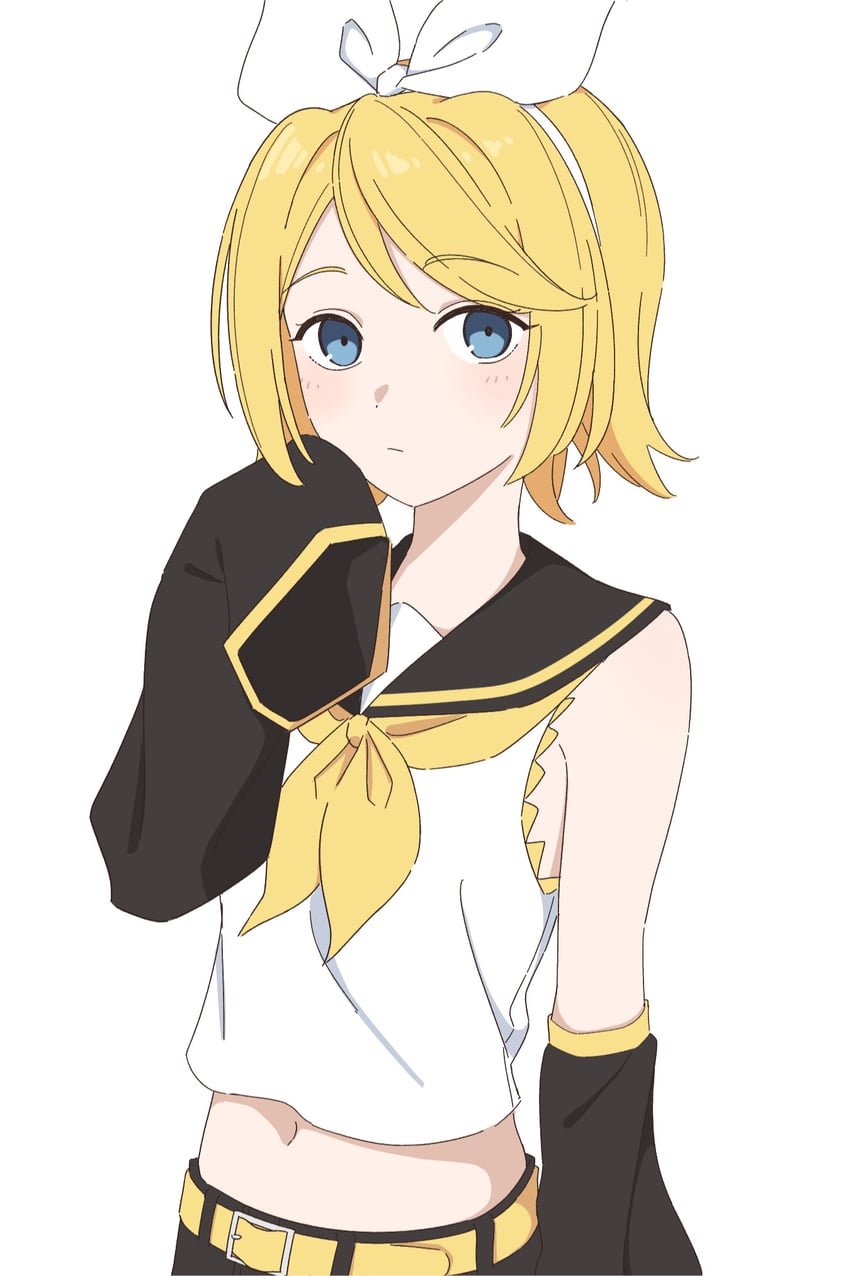 VOCALOID、镜音铃 1名女孩 黑色袖子 金发 蓝眼 闭嘴
