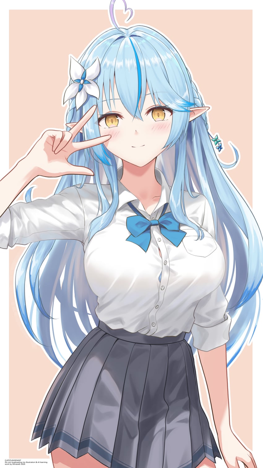 Hololive、雪花拉米 1名女孩 呆毛 蓝色蝴蝶结 蝴蝶结 辫子