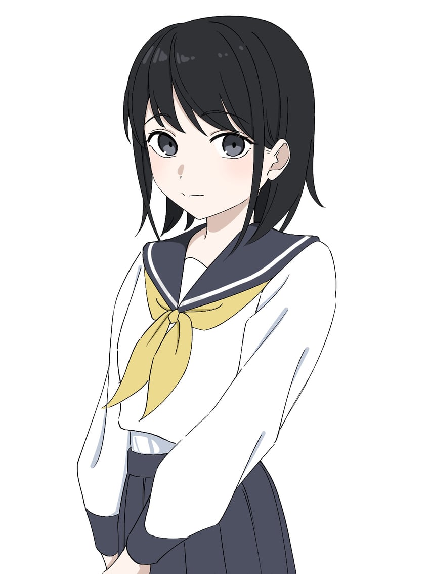 原创 1名女孩 黑发 黑色水手领 黑色裙子 脸红