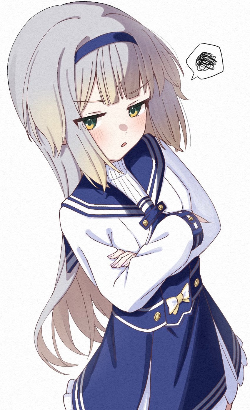 彩虹社、汐端瑠璃、shioriha ruri (3rd costume) 1名女孩 蓝色连衣裙 蓝色发带 蓝色水手领 齐刘海