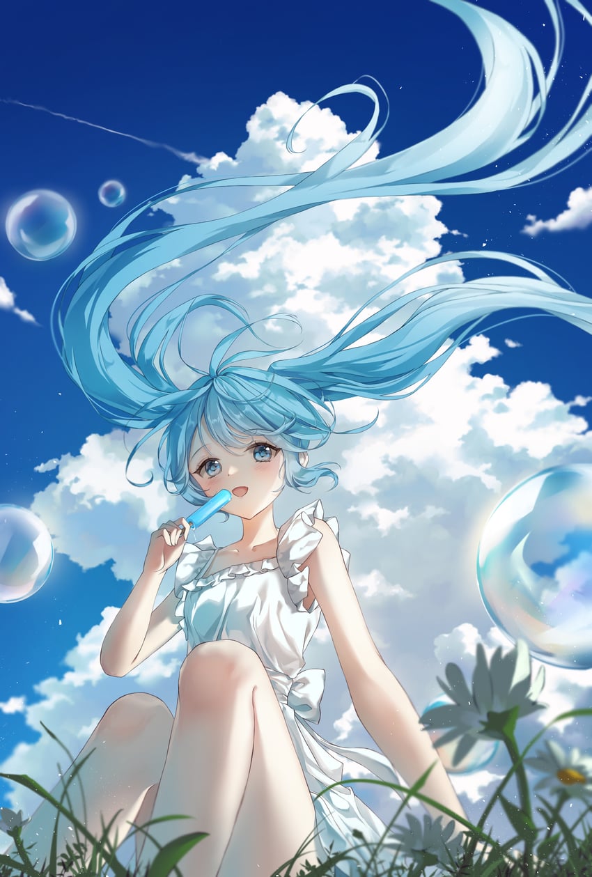 VOCALOID、初音未来 1名女孩 水色瞳 水色发 脸红 云