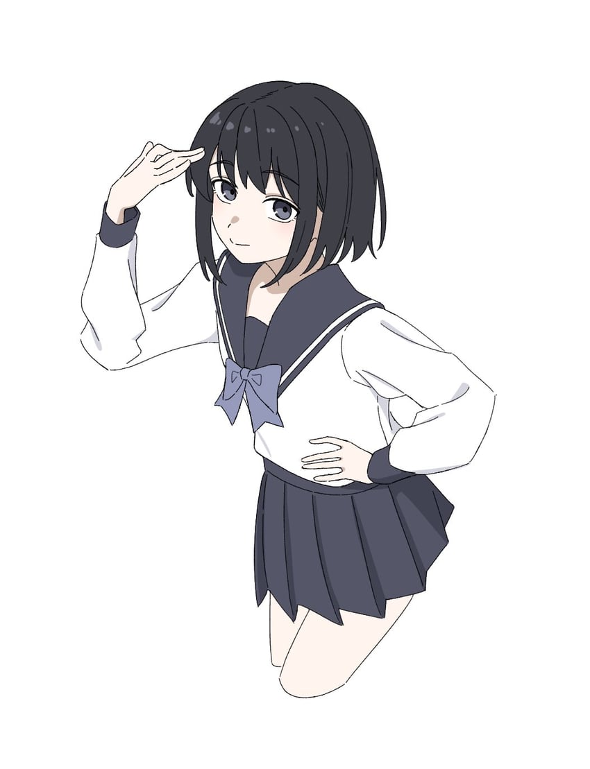原创 1名女孩 黑发 黑色水手领 黑色裙子 蓝色蝴蝶结