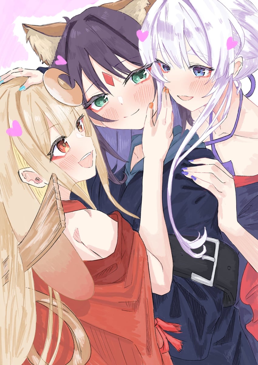 超辉夜姬!、辉夜 (超辉夜姬!)、留奈美八千代 3人女子 兽耳 金发 蓝眼 蓝色和服