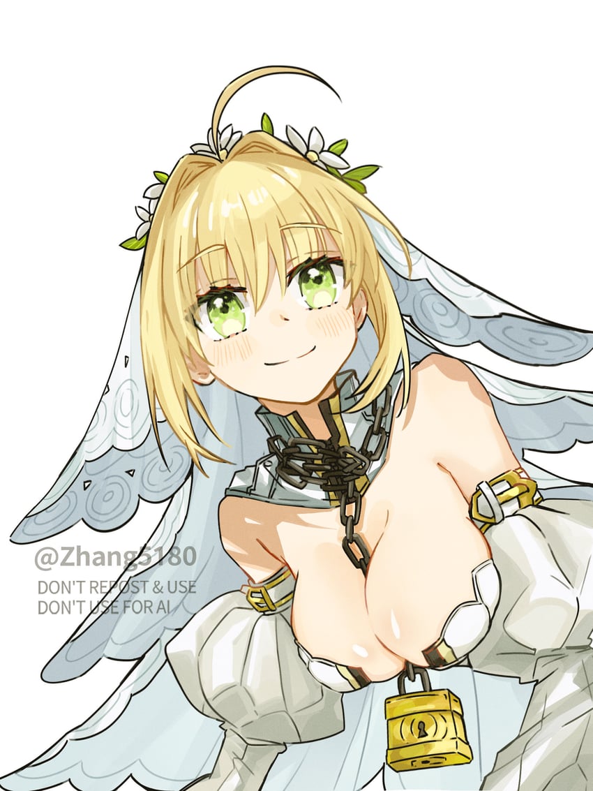 Fate/Grand Order、Fate系列、尼禄·克劳狄乌斯 (花嫁) (Fate) 1名女孩 露肩 金发 脸红 乳房