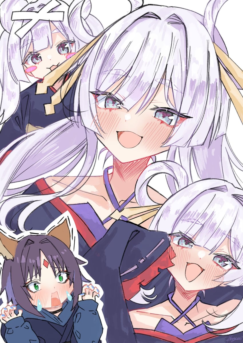 超辉夜姬!、留奈美八千代、留奈美八千代 (Q版) 4个女孩 兽耳 蓝眼 蓝色连帽衫 蓝色和服