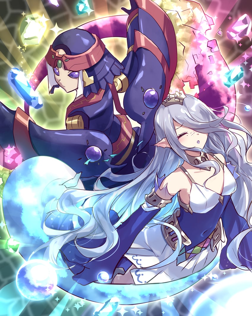 游戏王、gem-knight nepyrim、珠泪哀歌族·塞壬 2名女孩 蓝色连衣裙 蓝色宝石 乳房 闭眼
