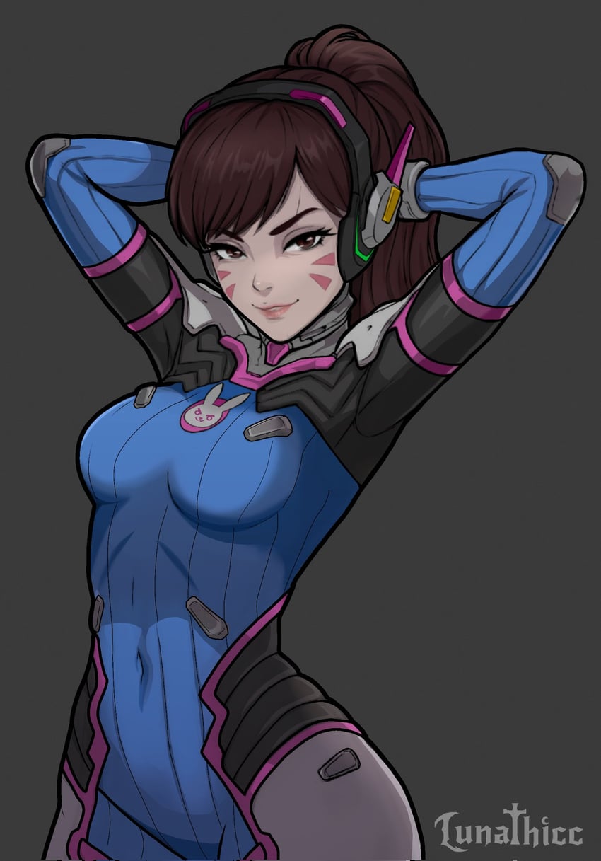 守望先锋、D.Va (守望先锋) 1名女孩 双手抱头 作者名 紧身连体衣 乳房