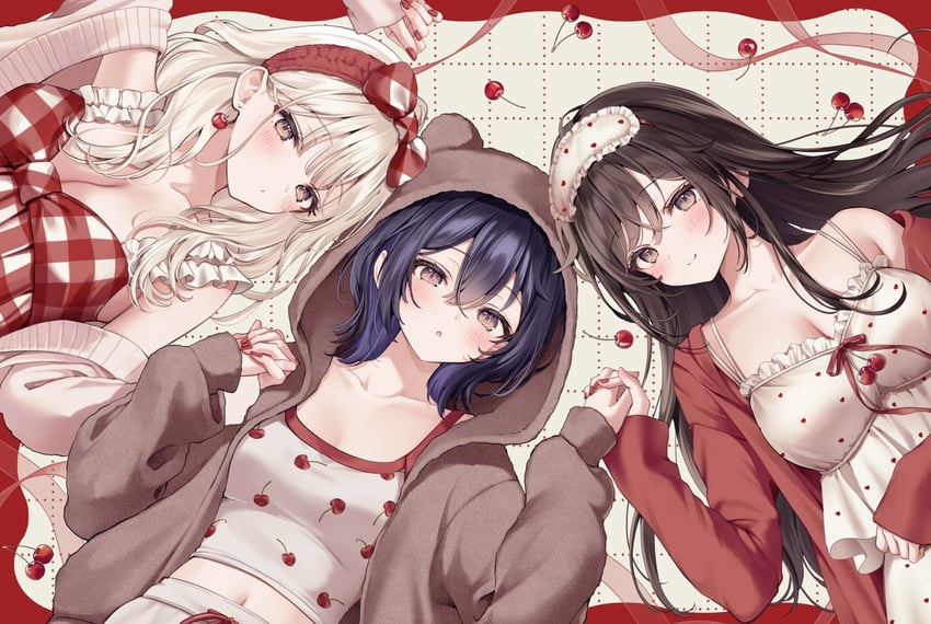 原创、白石春日 (悠雅)、白石美雪 (Yugaa) 3人女子 惊讶 兽耳兜帽 黑发 金发