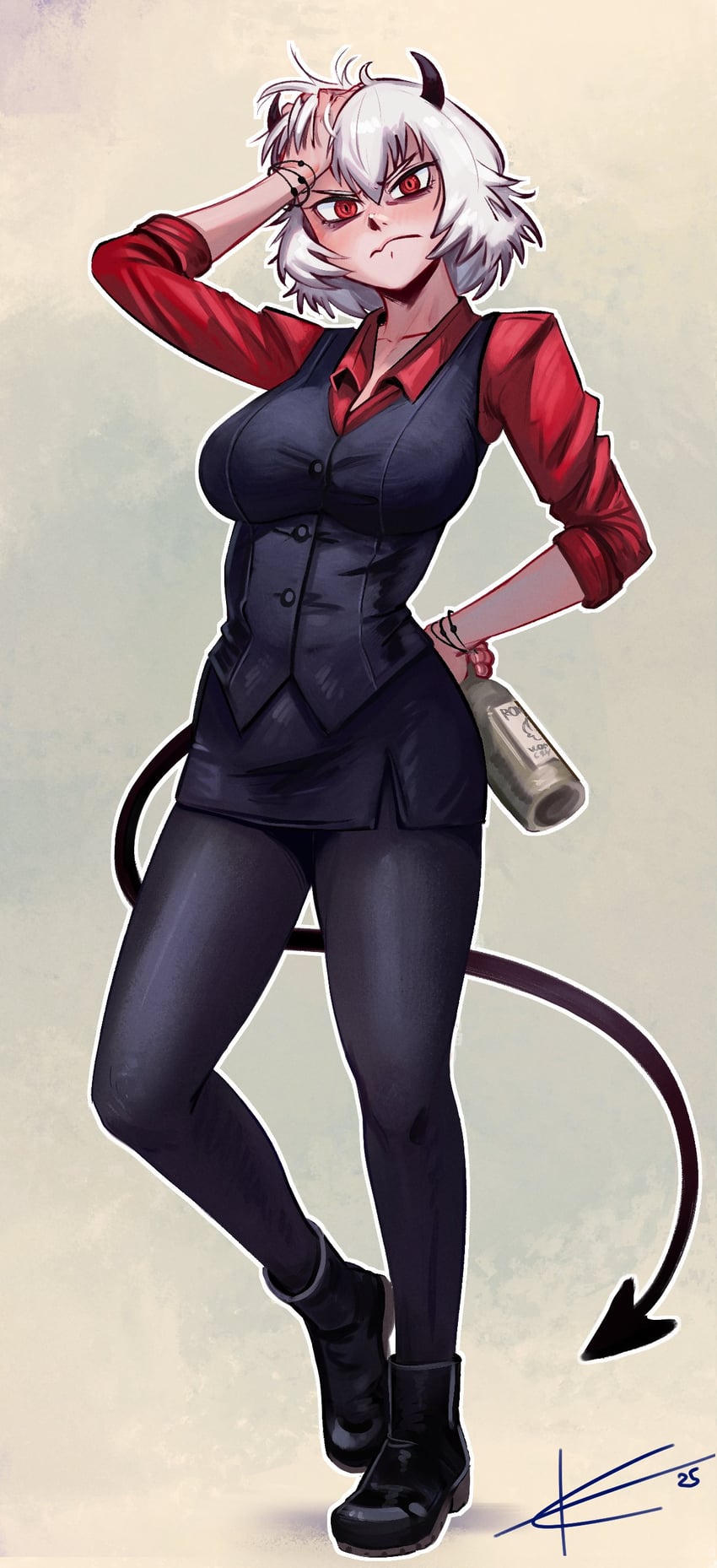 Helltaker、玛琳娜（Helltaker） 1名女孩 黑色靴子 黑角 黑裤子 黑色马甲
