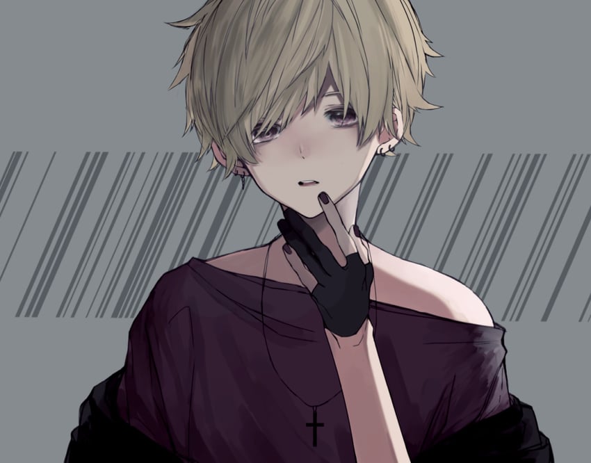 原创 1名男孩 黑色手套 黑色毛衣 金发 十字架
